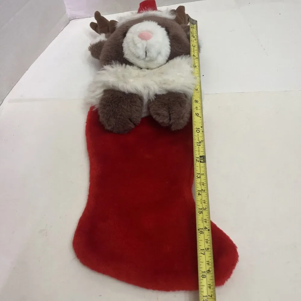 Teddy Bear Christmas Stocking Plush 3/D Hanging Reindeer Antlers